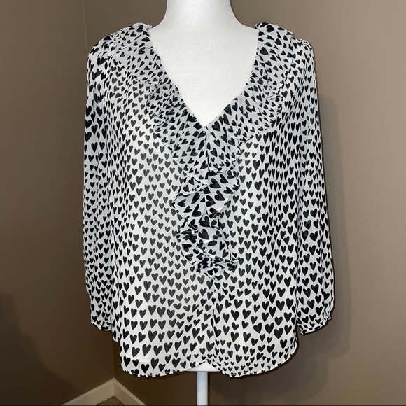 J. Crew Black & White Heart Print Ruffle Blouse - Picture 4 of 11